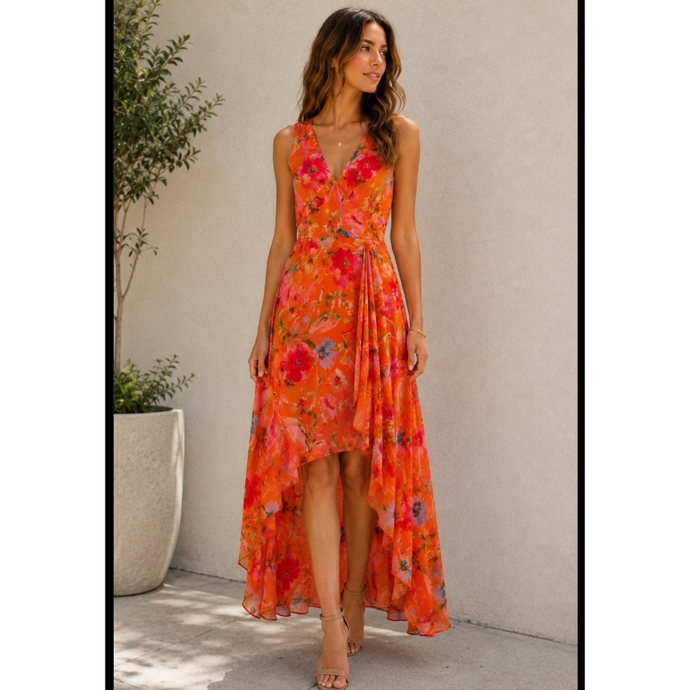 Calvin Klein Orange Floral Chiffon High Low Maxi Dress Size 6 Wedding Guest